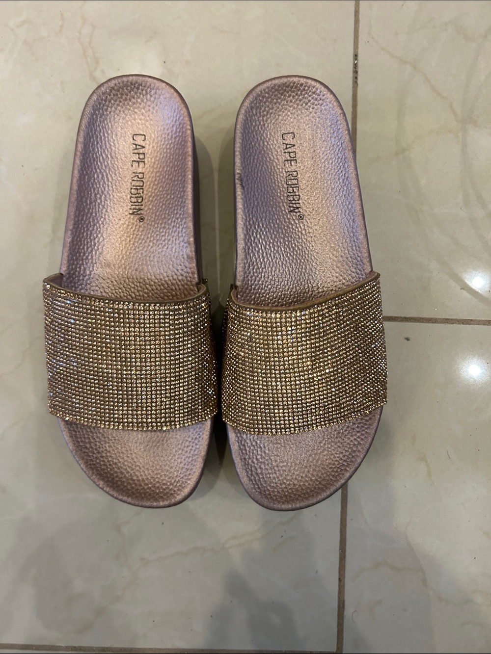 Cape Robbin Rose Gold Slide Sandals with Sparkling Gold Strap